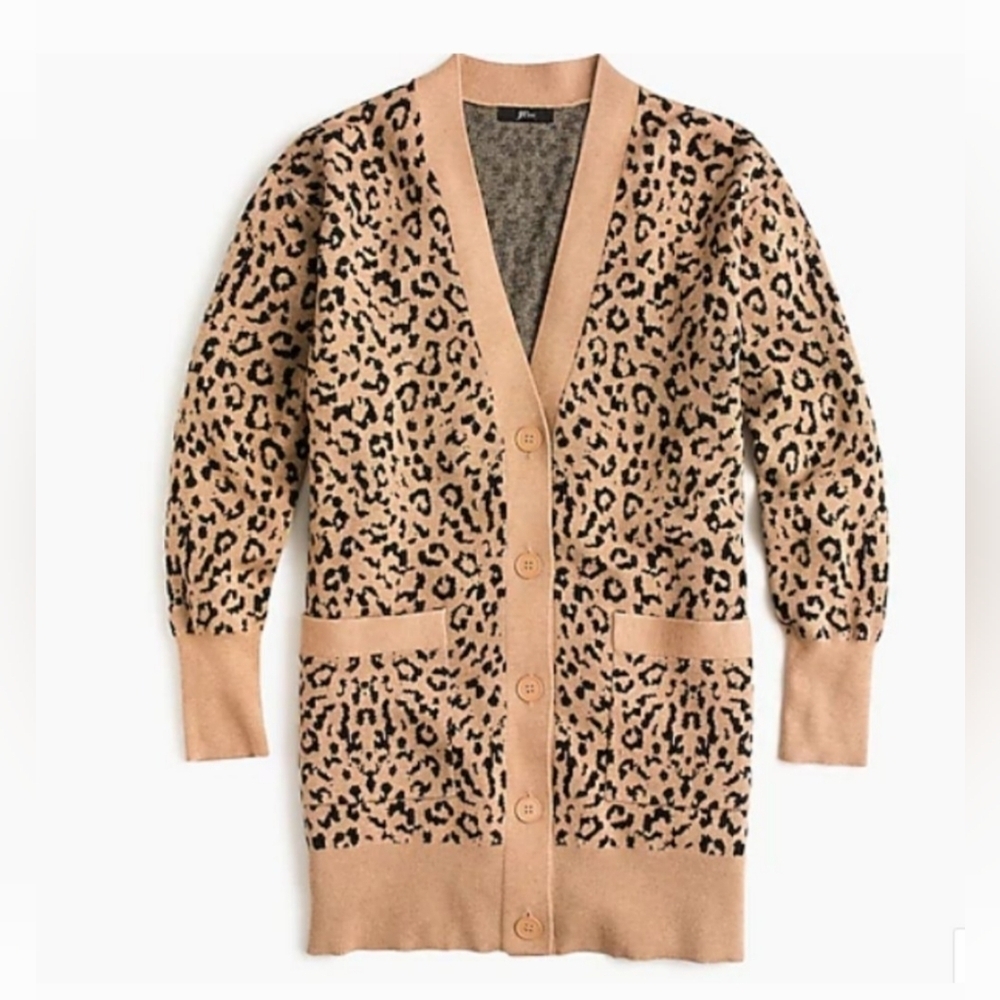 J. Crew V-Neck Cardigan Sweater Womens S Leopard Jacquard Long Button Down